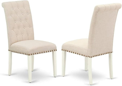 East West Furniture BOBR5-WHI-02 Nook Kitchen Table Set - Dining Room Chairs with Light Beige Linen Fabric Seat and Button Tufted Back - Solid Wood Round Modern Dining Table (White Finish) - LeafyLoom