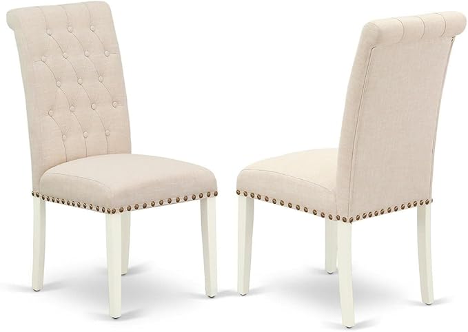 East West Furniture DLBR3-WHI-02 3 Piece Modern Dining Table Set Contains a Round Wooden Table with Dropleaf and 2 Light Beige Linen Fabric Parson Dining Chairs, 42x42 Inch, Linen White - LeafyLoom
