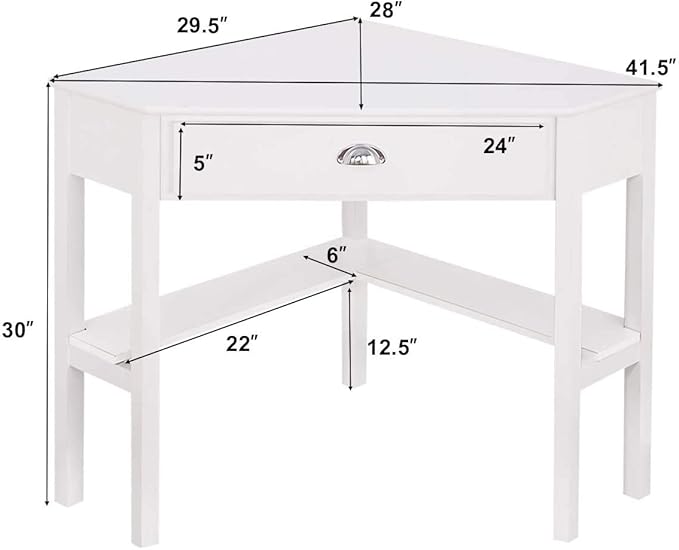 Nightcore Small, Wood Computer Desk, Compact Writing w/Drawer & Storage Shelves, Space Saving Study Workstation, Laptop PC Corner Table, White - LeafyLoom