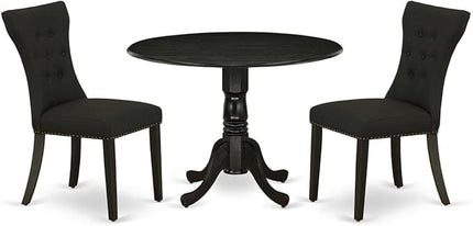 East West Furniture Dublin 3 Piece Dinette Set for Small Spaces Contains a Round Dining Table with Dropleaf and 2 Black Linen Fabric Upholstered Chairs, 42x42 Inch, DLGA3-ABK-24 - LeafyLoom