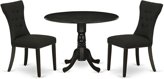 East West Furniture Dublin 3 Piece Dinette Set for Small Spaces Contains a Round Dining Table with Dropleaf and 2 Black Linen Fabric Upholstered Chairs, 42x42 Inch, DLGA3-ABK-24 - LeafyLoom