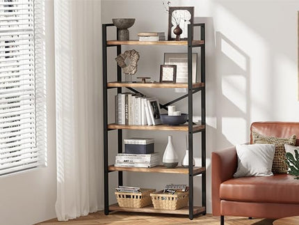 5 Tier Solid Real Wood Bookshelf Rustic Industrial Style, Wooden Storage Shelves Etagere Bookcase Book Shelf Display Shelf for Home Office, Dark Brown - LeafyLoom