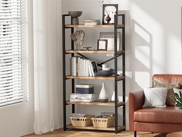 5 Tier Solid Real Wood Bookshelf Rustic Industrial Style, Wooden Storage Shelves Etagere Bookcase Book Shelf Display Shelf for Home Office, Dark Brown - LeafyLoom