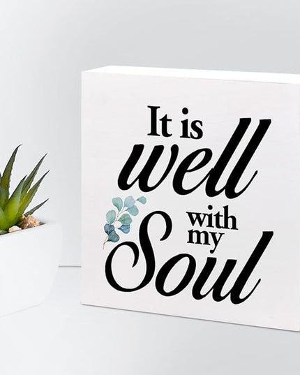 Christian Quote It Is Well With My Soul Wood Box Sign,Holy Bible Quote Decor Desk Sign,Inspirational Song and Hymn Wooden Block Sign for Home Bedroom Office Shelf Tabletop - LeafyLoom
