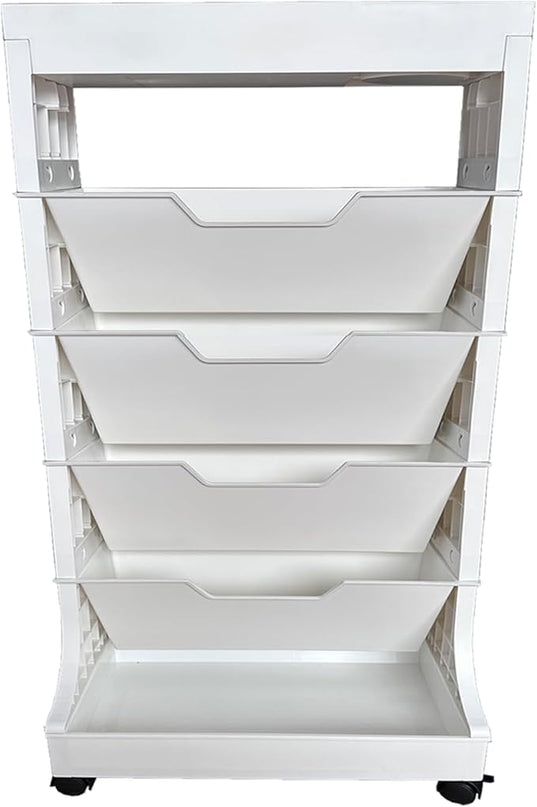 6 Tier Book Rack Storage Bookshelf, Removable Movable Bookshelf with Wheels, Mobile Unique Bookcase, Rolling Book Cart for Study in School Office, White - LeafyLoom