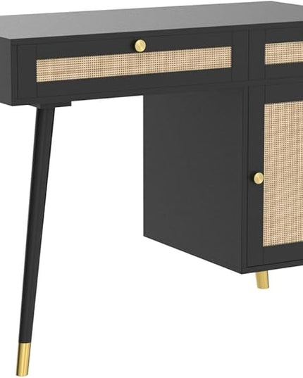 Anmytek Rattan Vanity Desk with Drawers and Storage, Black Makeup Vanity Table Modern Home Office Desk Computer Desk for Study D0005 - LeafyLoom