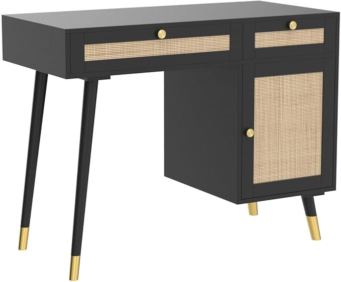 Anmytek Rattan Vanity Desk with Drawers and Storage, Black Makeup Vanity Table Modern Home Office Desk Computer Desk for Study D0005 - LeafyLoom