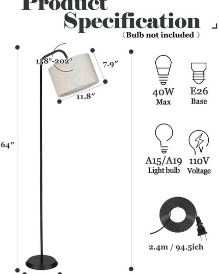 ELYONA Modern Floor Lamp for Living Room, Tall Pole Standing Light with 2 Fabric Shades and 9W LED Bulb, Industrial Reading Light, Adjustable Floor Lamps for Office, Bedrooms, Farmhouse, Black - LeafyLoom