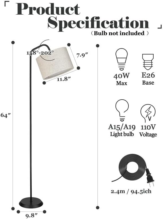ELYONA Modern Floor Lamp for Living Room, Tall Pole Standing Light with 2 Fabric Shades and 9W LED Bulb, Industrial Reading Light, Adjustable Floor Lamps for Office, Bedrooms, Farmhouse, Black - LeafyLoom