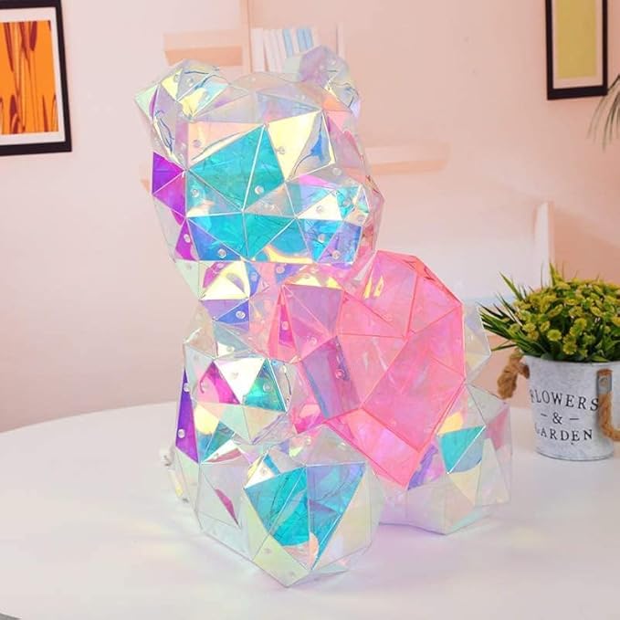 Gorgeous Shining LED Teddy Bear Holding a Pink Heart, Forever Gifts for Her Valentine's Day Anniversary and Birthday 10 inch Mood Lighting Galaxy Lamp - w/Clear Gift Box - LeafyLoom