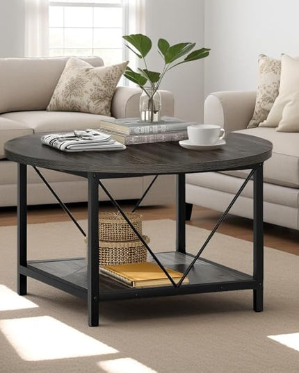 YITAHOME Coffee Tables for Living Room, Round Coffee Table, Small Coffee Table with Storage, 2 Tier Modern Coffee Table, Wood Circle Center Table with Metal Frame, Gray - LeafyLoom
