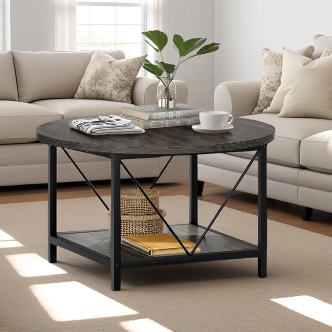 YITAHOME Coffee Tables for Living Room, Round Coffee Table, Small Coffee Table with Storage, 2 Tier Modern Coffee Table, Wood Circle Center Table with Metal Frame, Gray - LeafyLoom