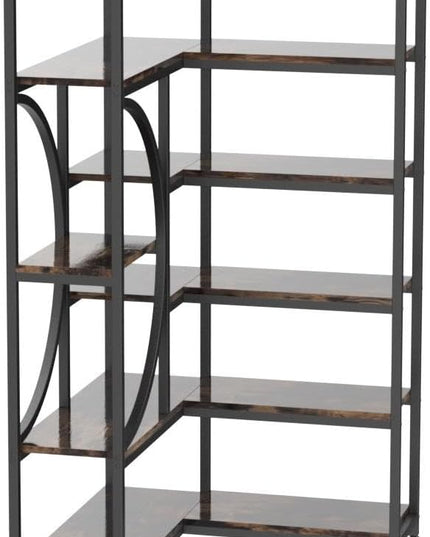 TIYASE 6-Shelf Corner Bookshelf Industrial 6-Tier Corner Etagere Bookcase, Large Corner Shelf L-Shaped Book Shelves Display Storage Rack with Metal Frame for Living Room Home Office, Rustic Brown - LeafyLoom