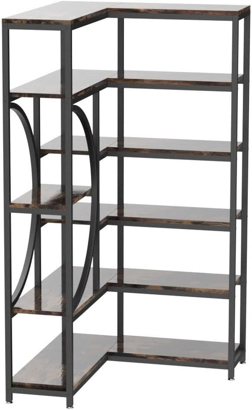 TIYASE 6-Shelf Corner Bookshelf Industrial 6-Tier Corner Etagere Bookcase, Large Corner Shelf L-Shaped Book Shelves Display Storage Rack with Metal Frame for Living Room Home Office, Rustic Brown - LeafyLoom