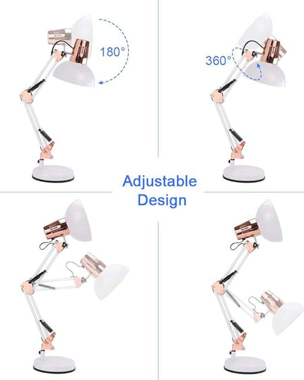 Metal Swing Arm Desk Lamps, Adjustable and Flexible,Feading with Base and Clip 2-in-1 Function, Fit E26&E27 Bulbs Base, Application in Bedroom Living Room, Office Home (White+Rose Gold) - LeafyLoom