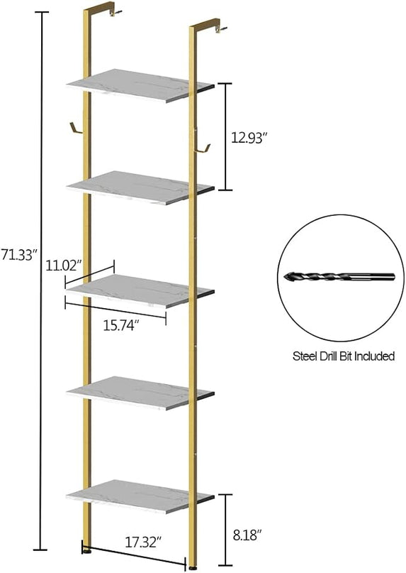 Modern Bookshelf Wall Mounted 5-Tiers Ladder Shelf Gold and White Wooden Bookcase Narrow Thin Bookshelf Open Display Storage Rack for Living Room Bedroom Home Office - LeafyLoom