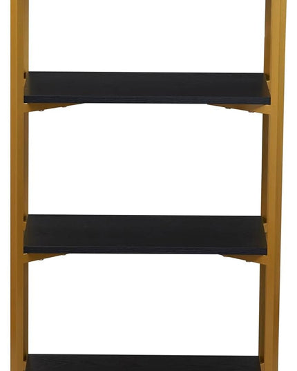 Household Essentials Crown Narrow 4 Shelf Open Storage Bookshelf Black Oak Wood Grain and Gold Metal - LeafyLoom