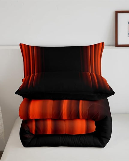 Geometric Abstract Ombre Comforter Set Kids Teens Orange Red and Black Striped Bedding Bed Set Decor Modern Fashion Comforter Inner Fill Bedroom Collection 2Pcs Twin Size - LeafyLoom