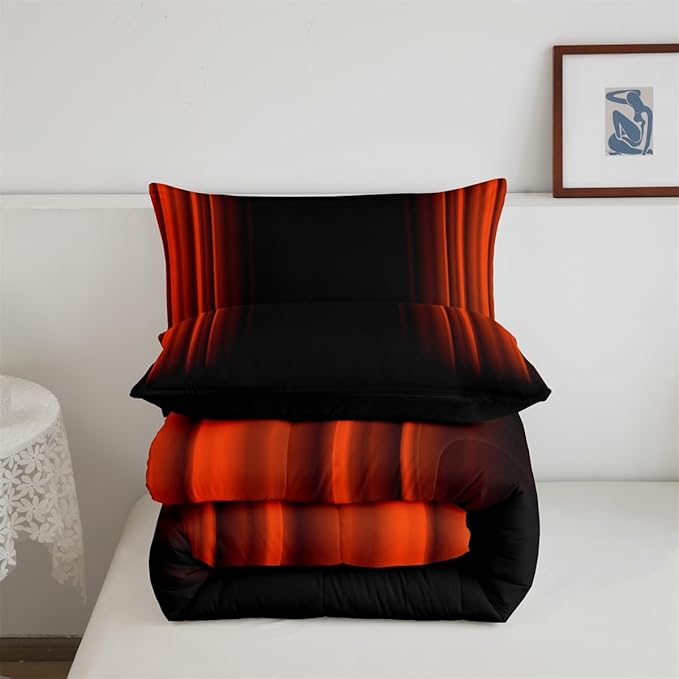 Geometric Abstract Ombre Comforter Set Kids Teens Orange Red and Black Striped Bedding Bed Set Decor Modern Fashion Comforter Inner Fill Bedroom Collection 2Pcs Twin Size - LeafyLoom