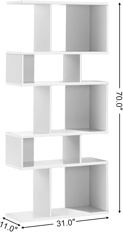 Giantex 5-Tier Geometric Bookshelf White Set of 2, 70'' Tall Wood Freestanding Decorative Display Open Shelves with Anti-Tipping Device, Each Shelf Holds up to 44 lbs, Wooden S Shaped Bookcase - LeafyLoom