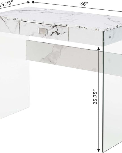 Convenience Concepts SoHo 1 Drawer Glass 36 inch Desk, White Faux Marble/Glass - LeafyLoom