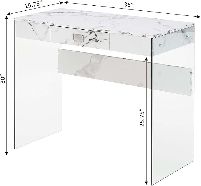 Convenience Concepts SoHo 1 Drawer Glass 36 inch Desk, White Faux Marble/Glass - LeafyLoom