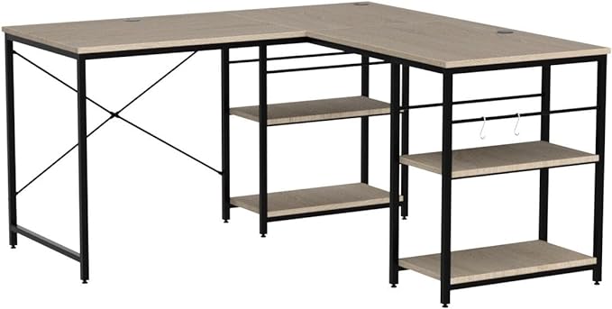 Bestier L Shaped Desk with Shelves 86.6 Inch Reversible Corner Computer Desk or 2 Person Long Table for Home Office Large Gaming Writing Storage Workstation P2 Board with 3 Cable Holes, Oak - LeafyLoom