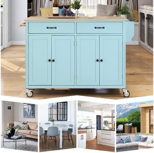 Elefesign FridayParts Kitchen Island Cart with Solid Wood Top and Locking Wheels, 54.3 Inch Width, 4 Door Cabinet and Two Drawers, Spice Rack, Towel Rack, Mint Green - LeafyLoom