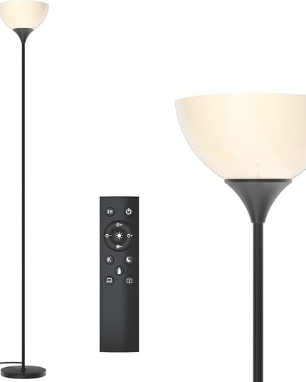PESRAE Floor Lamp, Remote Control with Stpeless Color Temperatures and Brightness, Torchiere lamp for Bedroom, Living Room, Bulb Included (Matte Black) - LeafyLoom