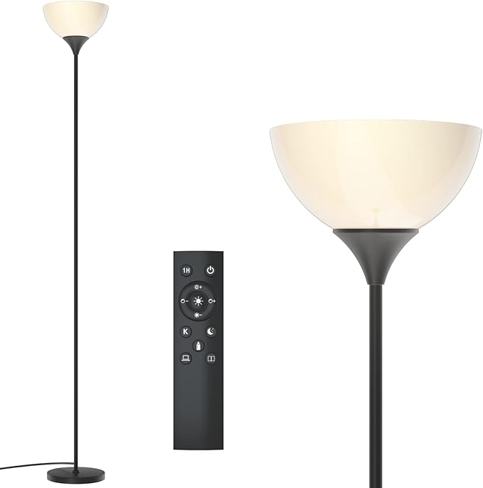 PESRAE Floor Lamp, Remote Control with Stpeless Color Temperatures and Brightness, Torchiere lamp for Bedroom, Living Room, Bulb Included (Matte Black) - LeafyLoom