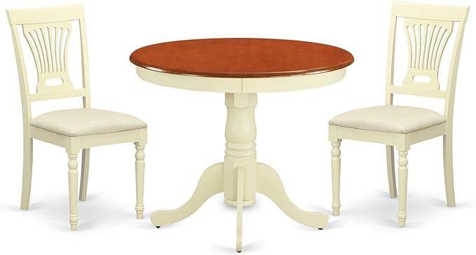 East West Furniture ANPL3-WHI-C 3 Piece Set for Small Spaces Contains a Round Table with Pedestal and 2 Linen Fabric Kitchen Dining Chairs, 36x36 Inch, Buttermilk & Cherry - LeafyLoom
