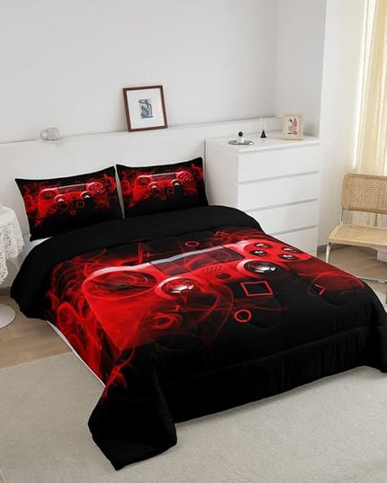Feelyou Kids Gaming Comforter Set Queen Size Gamer Bedroom Decor for Boys Girls Teens Video Game Controller Bedding Set Youth Gaming Console Comforter Red Black Geometry with 2 Pillow Case - LeafyLoom