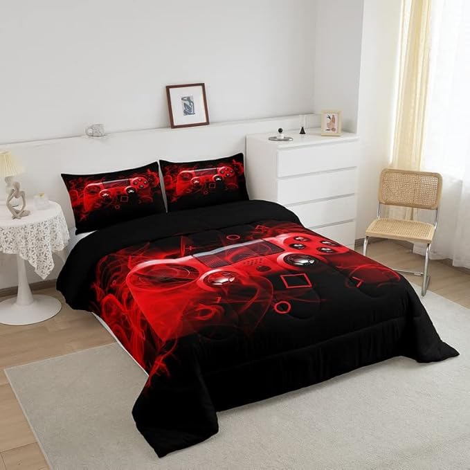 Feelyou Kids Gaming Comforter Set King Size Gamer Bedroom Decor for Boys Girls Teens Video Game Controller Bedding Set Youth Gaming Console Comforter Red Black Geometry with 2 Pillow Case - LeafyLoom