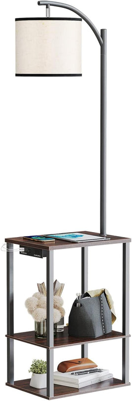 SUNMORY Floor Lamp with Charging Station(USB & AC Port), Rustic End Table Lamp with Shelves & 3-Color Temperature LED Bulb, Lamp Table for Living Room, Walnut - LeafyLoom