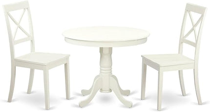 East West Furniture ANBO3-LWH-W Antique 3 Piece Kitchen Set Contains a Round Dining Room Table with Pedestal and 2 Solid Wood Seat Chairs, 36x36 Inch - LeafyLoom