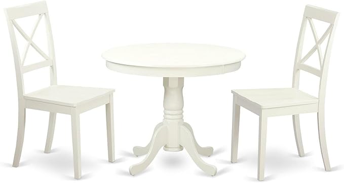 East West Furniture ANBO3-LWH-W Antique 3 Piece Kitchen Set Contains a Round Dining Room Table with Pedestal and 2 Solid Wood Seat Chairs, 36x36 Inch - LeafyLoom