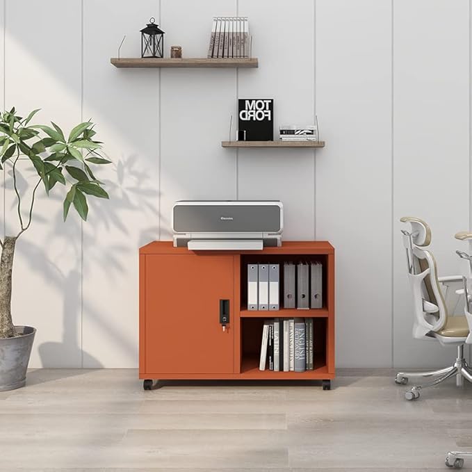 Metal Mobile Lateral File Cabinet, Storage Locker,Printer Stand with Open Storage Shelves for Office,School,Home,Living Room. (Orange) - LeafyLoom