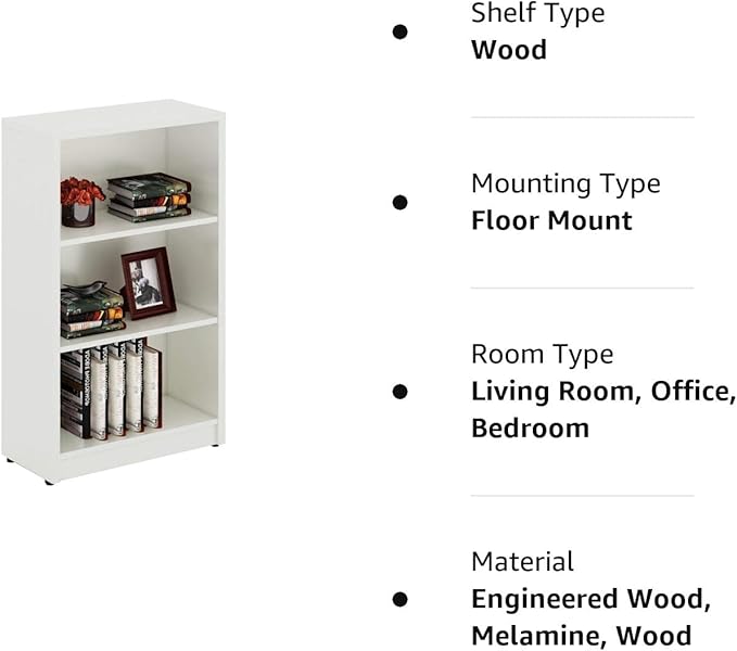 3 Shelf Wood Bookcase Freestanding Display Shelf Adjustable Layers Bookshelf for Home Office Library Small Narrow Space(White, 3-Layers,24.4W x 11.6D x 44.1H inch) - LeafyLoom
