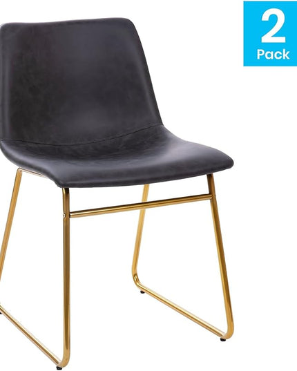 Flash Furniture Butler 18 Inch Commercial Grade LeatherSoft Dining Table Height Chair, Mid-Back Gold Sled Base with Dark Gray LeatherSoft Upholstery, Set of 2 - LeafyLoom