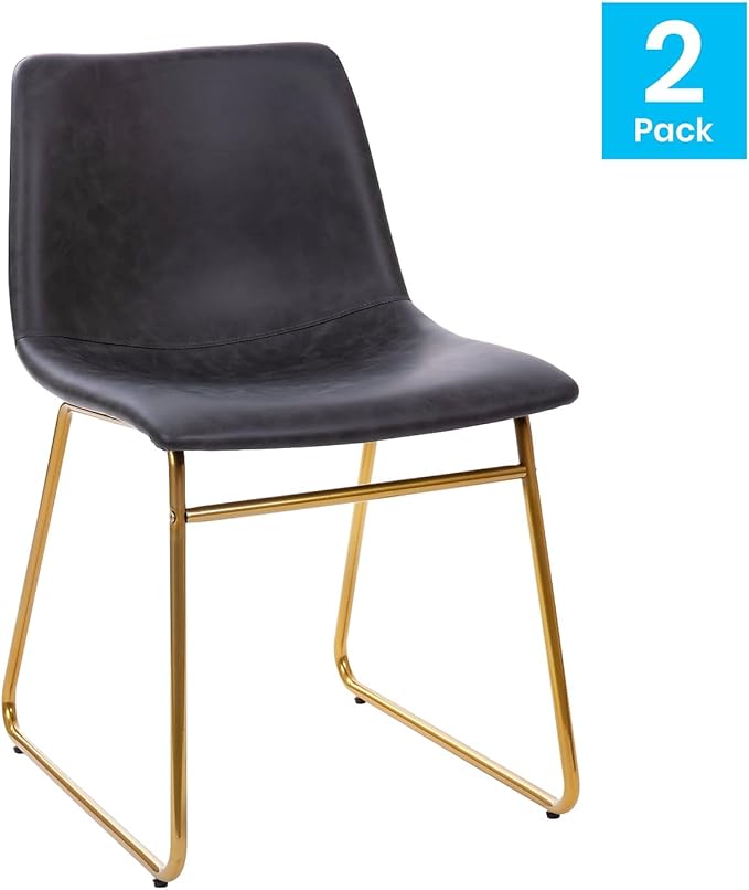 Flash Furniture Butler 18 Inch Commercial Grade LeatherSoft Dining Table Height Chair, Mid-Back Gold Sled Base with Dark Gray LeatherSoft Upholstery, Set of 2 - LeafyLoom