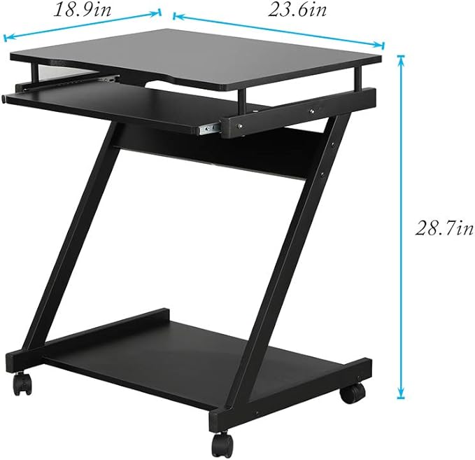 sogesfurniture Small Computer Desk on Wheels, Mobile Computer Desk Small Rolling Work Workstation with Printer Shelf and Keyboard Space Computer Workstation for Home and Office,Black - LeafyLoom