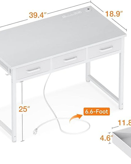 AODK Vanity Desk without Mirror, Makeup Vanity with 3 Fabric Drawers, White Vanity Desk Dressing Vanity Table with Charging Station, 40 Inch Large Girl Vanity, Desk Make Up Vanity for Girls, White - LeafyLoom