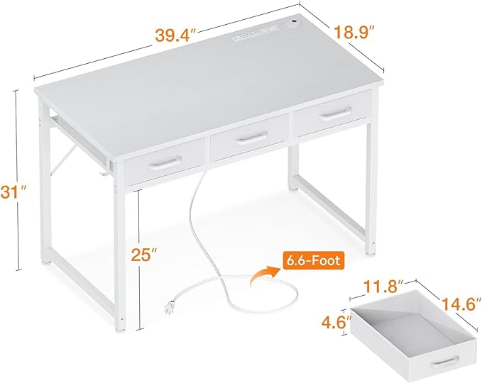 AODK Vanity Desk without Mirror, Makeup Vanity with 3 Fabric Drawers, White Vanity Desk Dressing Vanity Table with Charging Station, 40 Inch Large Girl Vanity, Desk Make Up Vanity for Girls, White - LeafyLoom