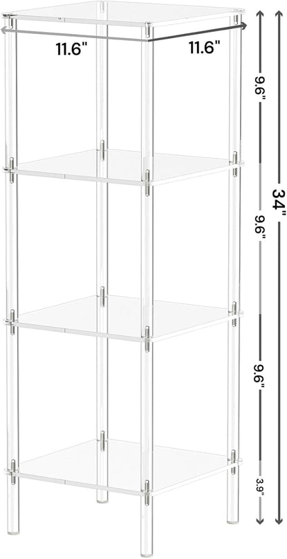4 Tier Square Acrylic Bookshelf, Small Bookcase with Acrylic Fittings for Fixing to Wall, Corner Display Shelf for Living Room, Bedroom, Bathroom, Small Spaces, Clear, 11.6'' W x 34'' H - LeafyLoom