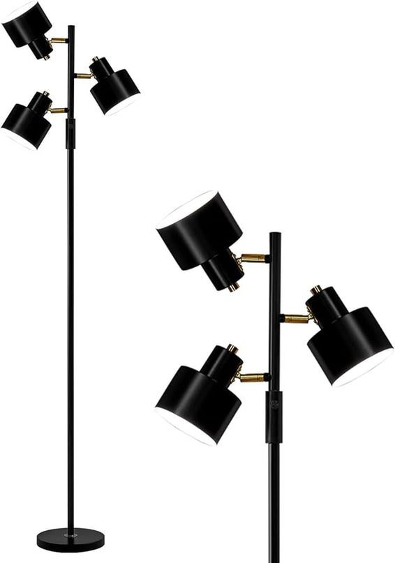 OYEARS Floor Lamp for Living Room Bright Lighting Tall Modern Industrial Vintage Standing Corner Lamps LED Metal Light Office Bedroom Study Gold Black White Matte Accent (3-Light, Black) - LeafyLoom