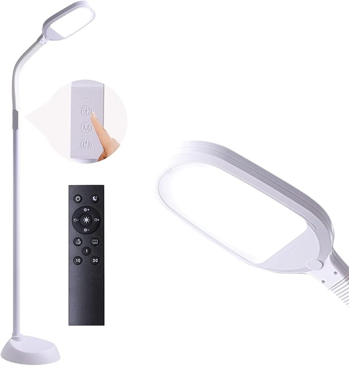 LED Floor Lamp,15W 1200 Lumen Bright Reading Floor Lamp with 5 Color Temperatures,Stepless Dimmer,30 Mins Timer,Remote & Touch Control for Living Room,Bedroom & Office,White - LeafyLoom