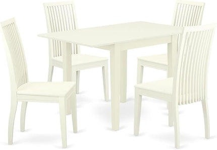 East West Furniture NDIP5-LWH-W Norden 5 Piece Room Set Includes a Rectangle Dining Table with Dropleaf and 4 Wood Seat Chairs, 30x48 Inch, Linen White - LeafyLoom