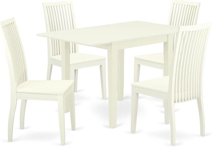 East West Furniture NDIP5-LWH-W Norden 5 Piece Room Set Includes a Rectangle Dining Table with Dropleaf and 4 Wood Seat Chairs, 30x48 Inch, Linen White - LeafyLoom