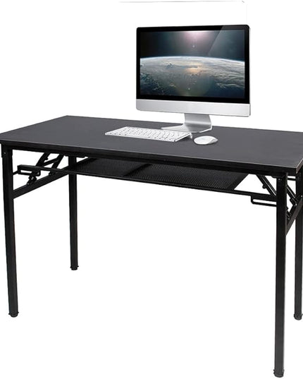Need Folding Computer Desk with Storage Shelf, 47 inches Home Office Desk Folding Table Computer Workstation Desk, No Assembly Needed, Black - LeafyLoom