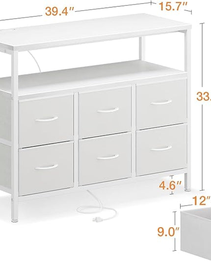 AODK TV Stand with Power Outlet, 40" Long TV Stand with 6 Large Fabric Drawers, Entertainment Center with Open Shelves for 55 Inch TV, Living Room, White Leather - LeafyLoom